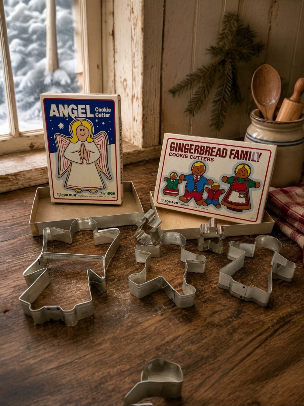 Fox Fun 80's Vintage Gingerbread Family & Angel metal cookie cutters 7" in boxes